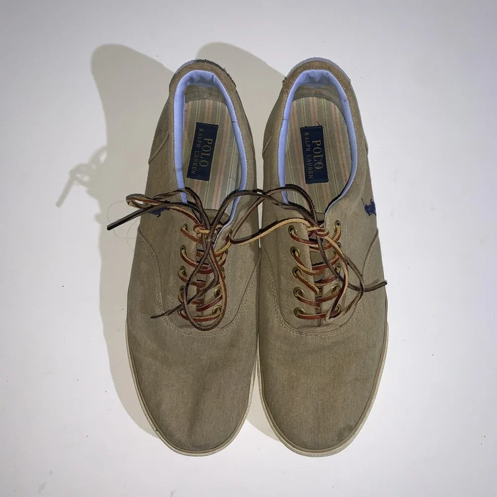 Polo Ralph Lauren Sneakers Mens Size 13 Vaughn Beige Twill Lace Up Casual